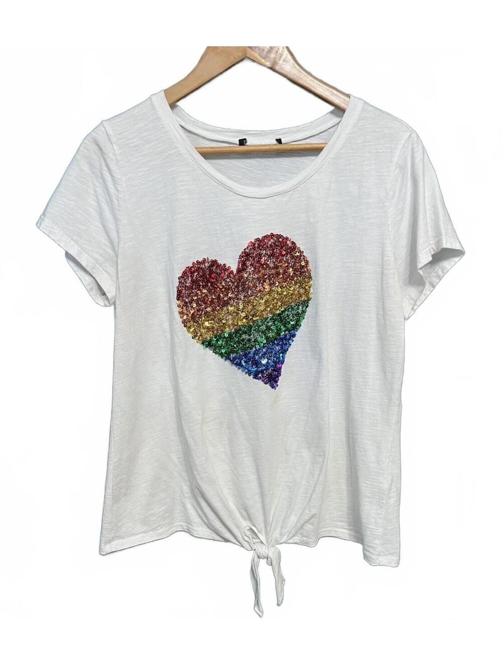 INC Rainbow Sequin Heart Tie Front T-Shirt White Graphic Knit Top Size Large